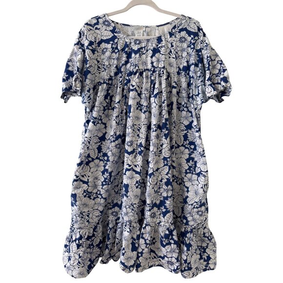 Vintage Simply Basic Blue & White Floral Cotton Midi Dress With Pockets L - Picture 10 of 13